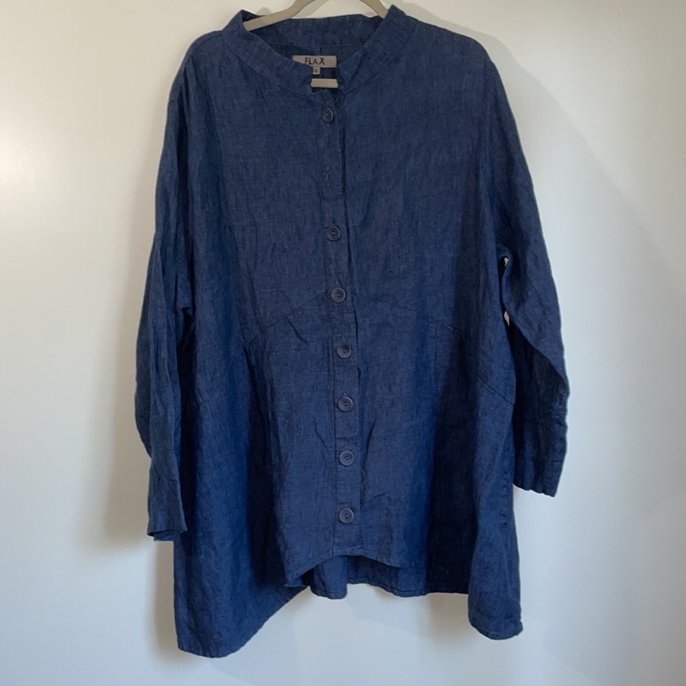 FLAX 2G Linen Button Front Blue Tunic Top Jacket Lagenlook Pockets